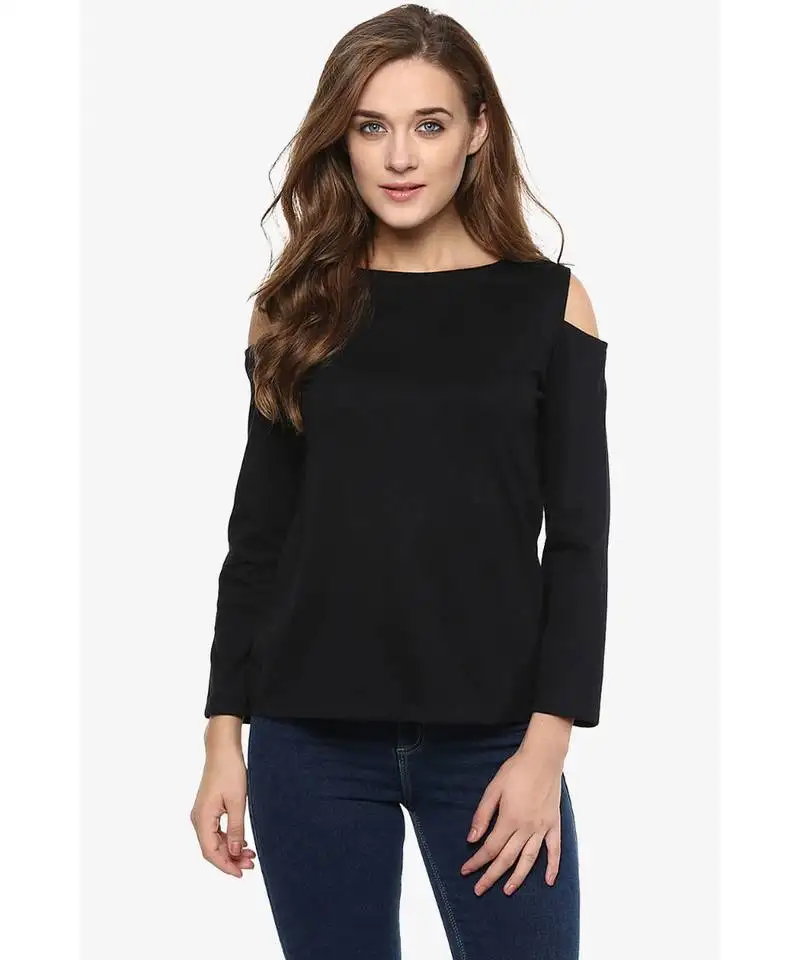 Women's black solid shoulder cut out fullSleeve round neck tops