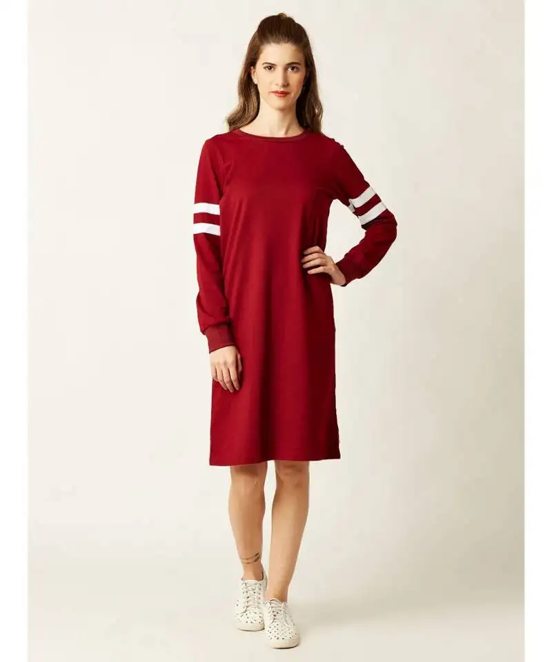 Women's maroon round neck fullSleeve solid knee-long paneled shift dress