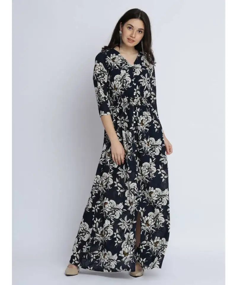 Women's multicolored floral v neck 3::4 sleeve gathered flowy maxi dress