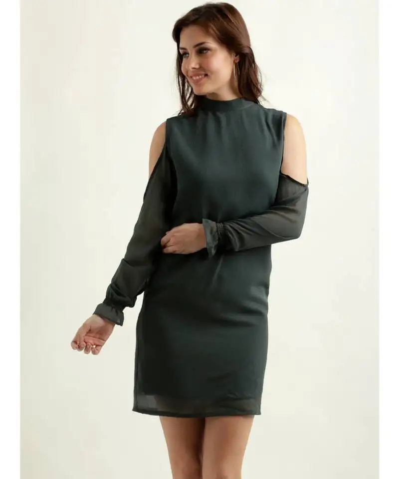 Women's green round neck fullSleeve solid gathered mini cold shoulder shift dress