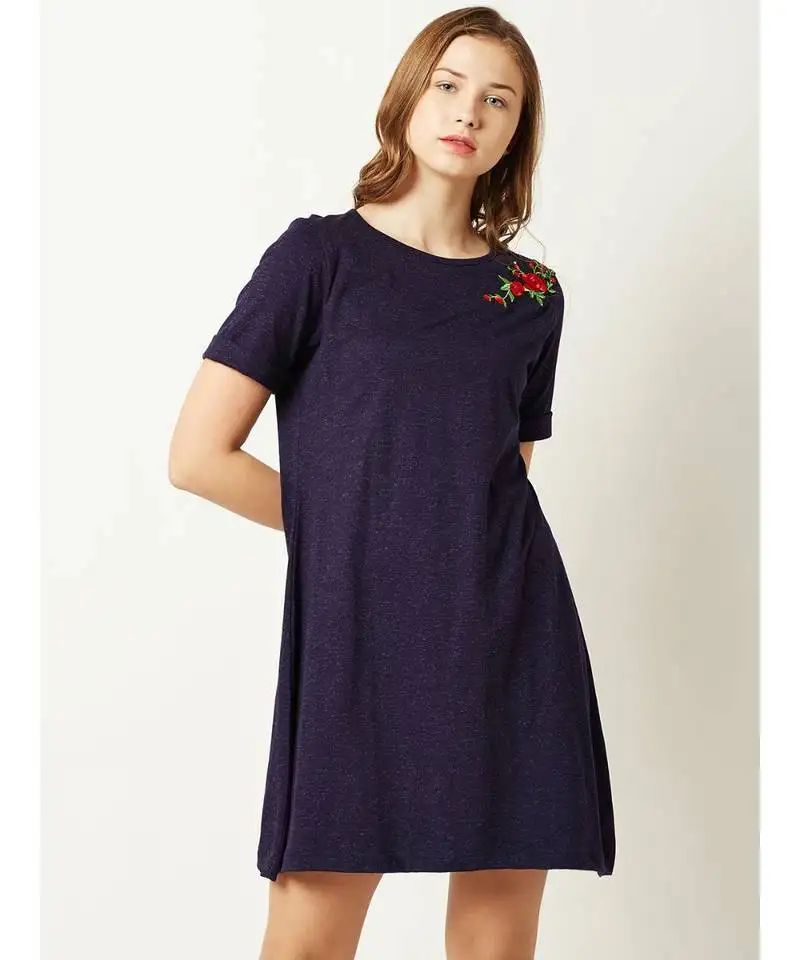 Women's navy blue round neck short sleeve solid floral embroidered mini a-line dress