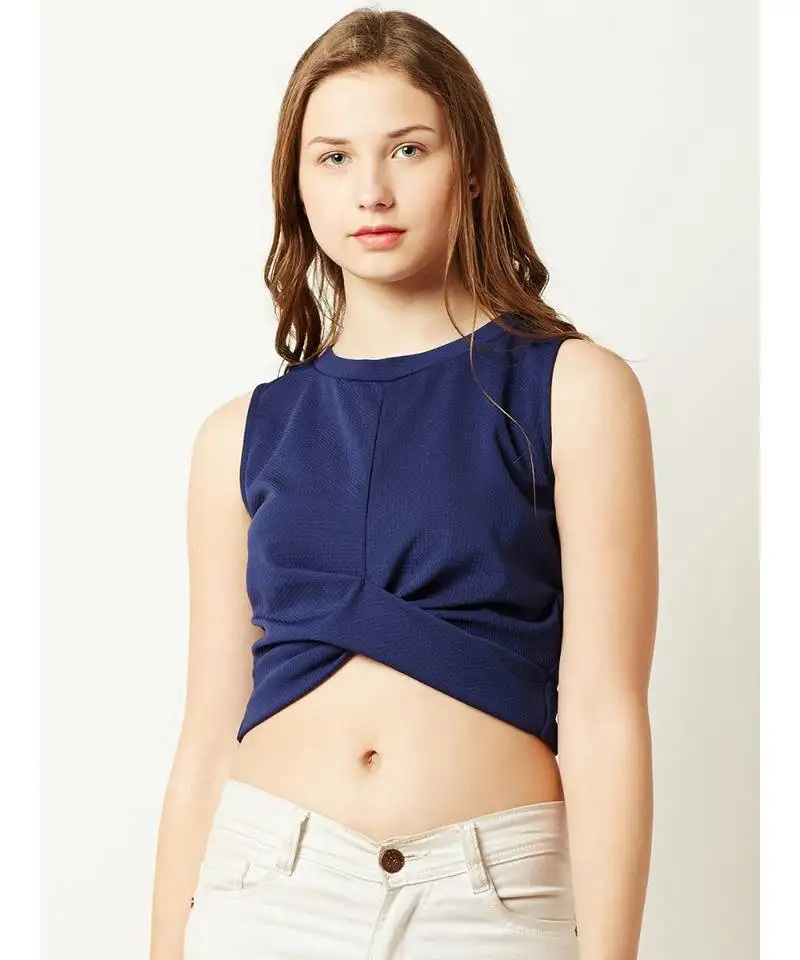 Women's blue round neck sleeveless plain solid twisted paneled crop top