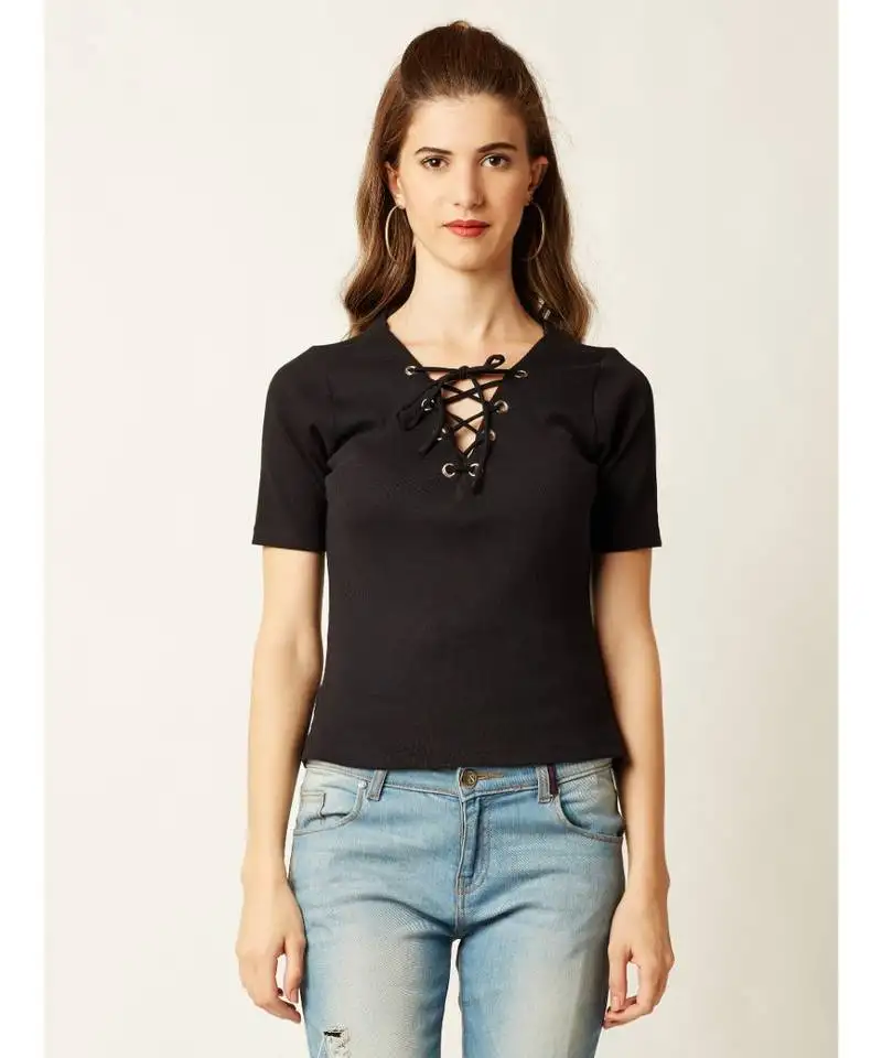 Women's black v-neck shortSleeve plain solid criss cross tie-up top