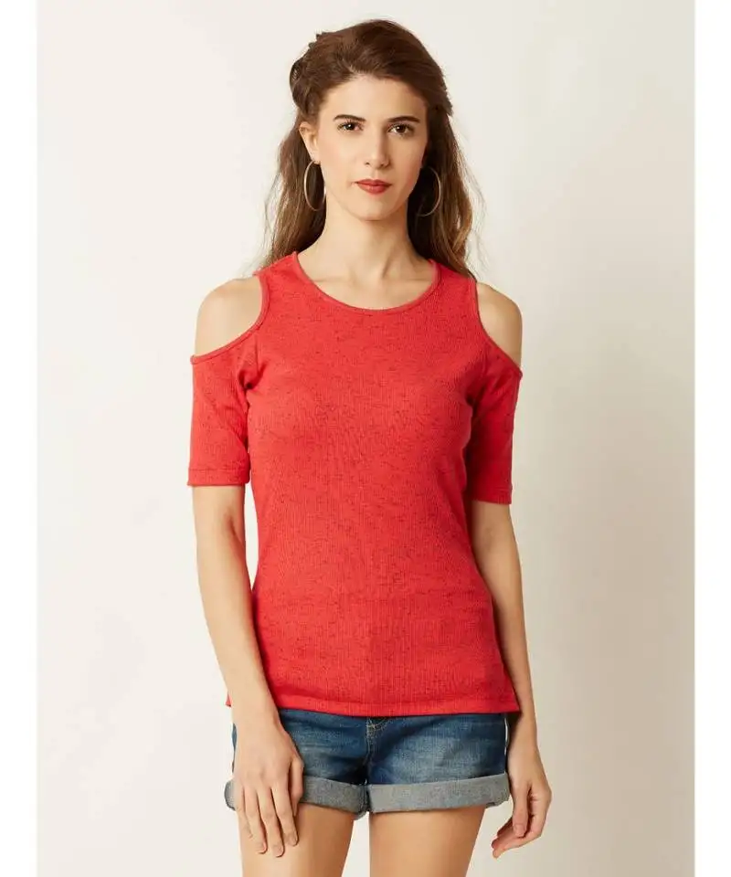 Women's coral round neck halfSleeve plain solid ribbed cold shoulder textured top