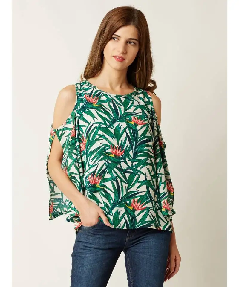 Women's multicolored round neck quarterSleeve printed cold shoulder cut-out top