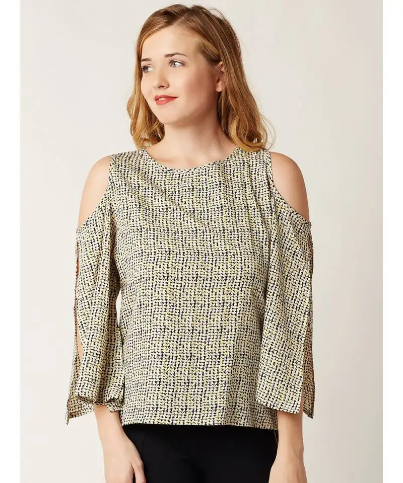 Women's multicolored round neck quarterSleeve cold shoulder cut-out printed top