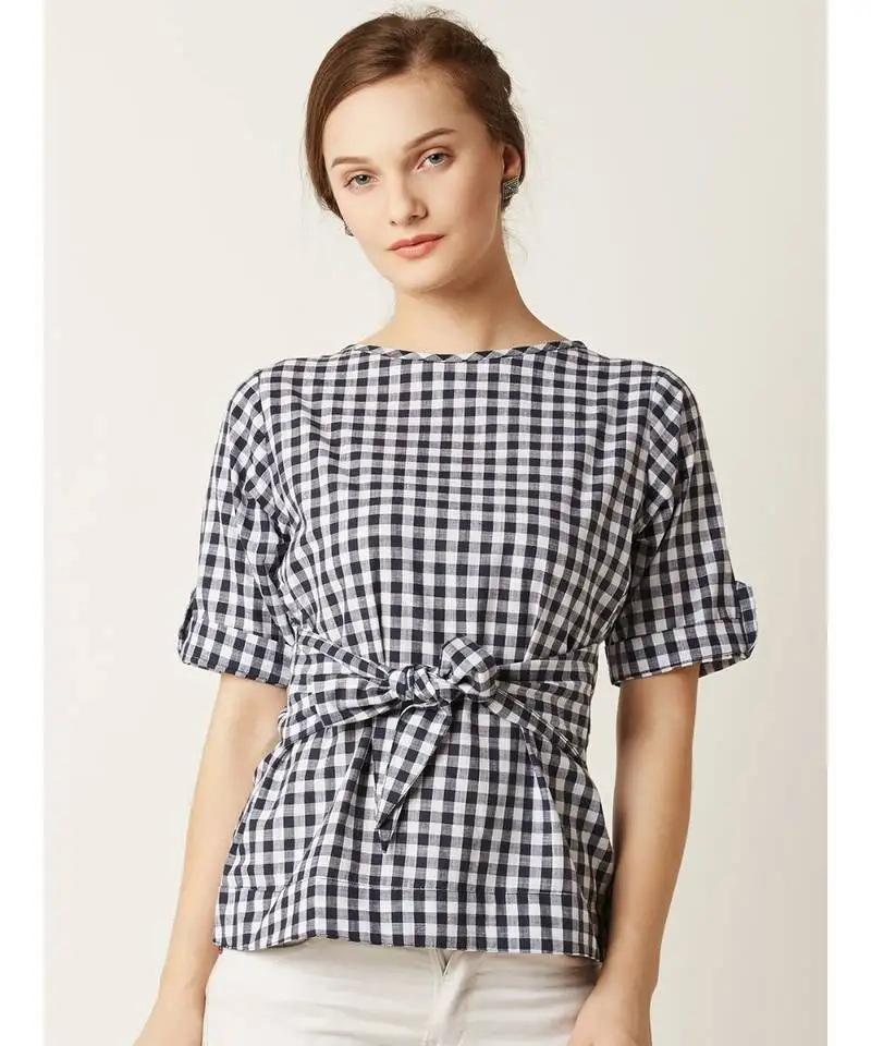 Women's multicolored round neck halfSleeve checkered tie-up top