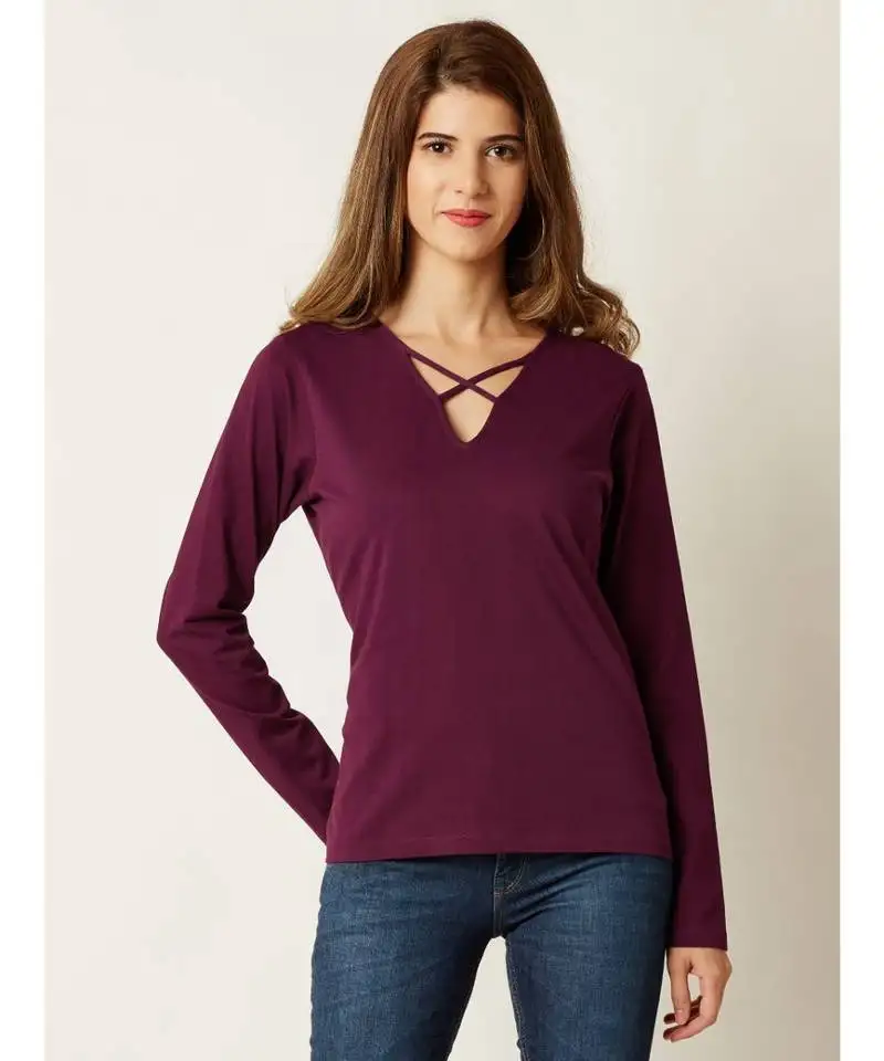 Women's magenta criss cross v neck fullSleeve solid top