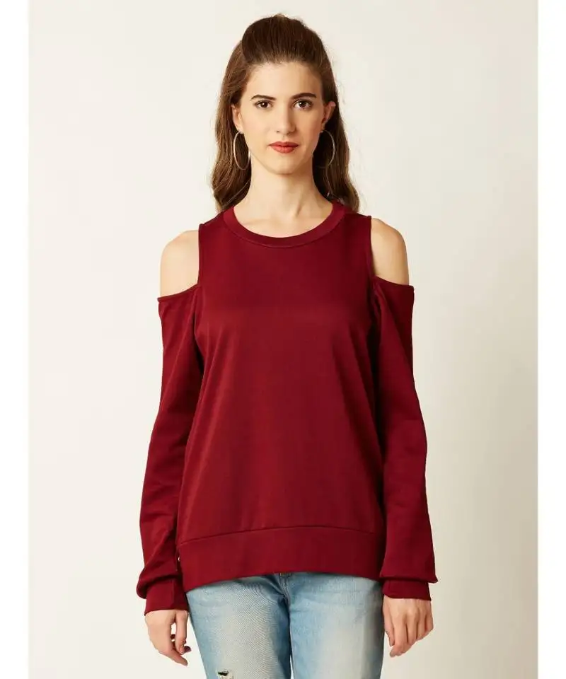 Women's maroon round neck fullSleeve solid cold shoulder boxy cut-out top