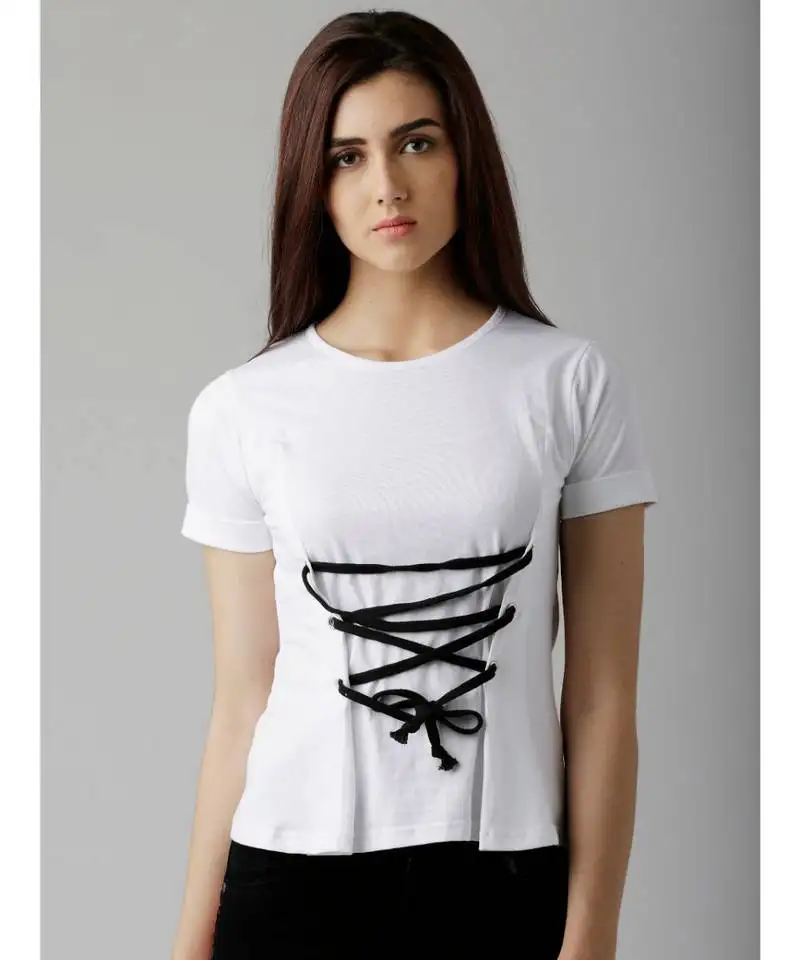 Women's white round neck shortSleeve solid cinched waist criss cross tie-up top