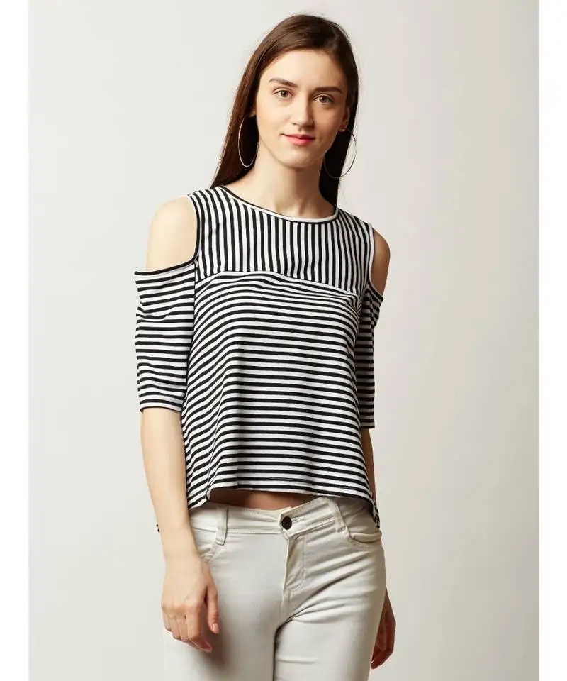 Women's black and white round neck halfSleeve striped cold shoulder top