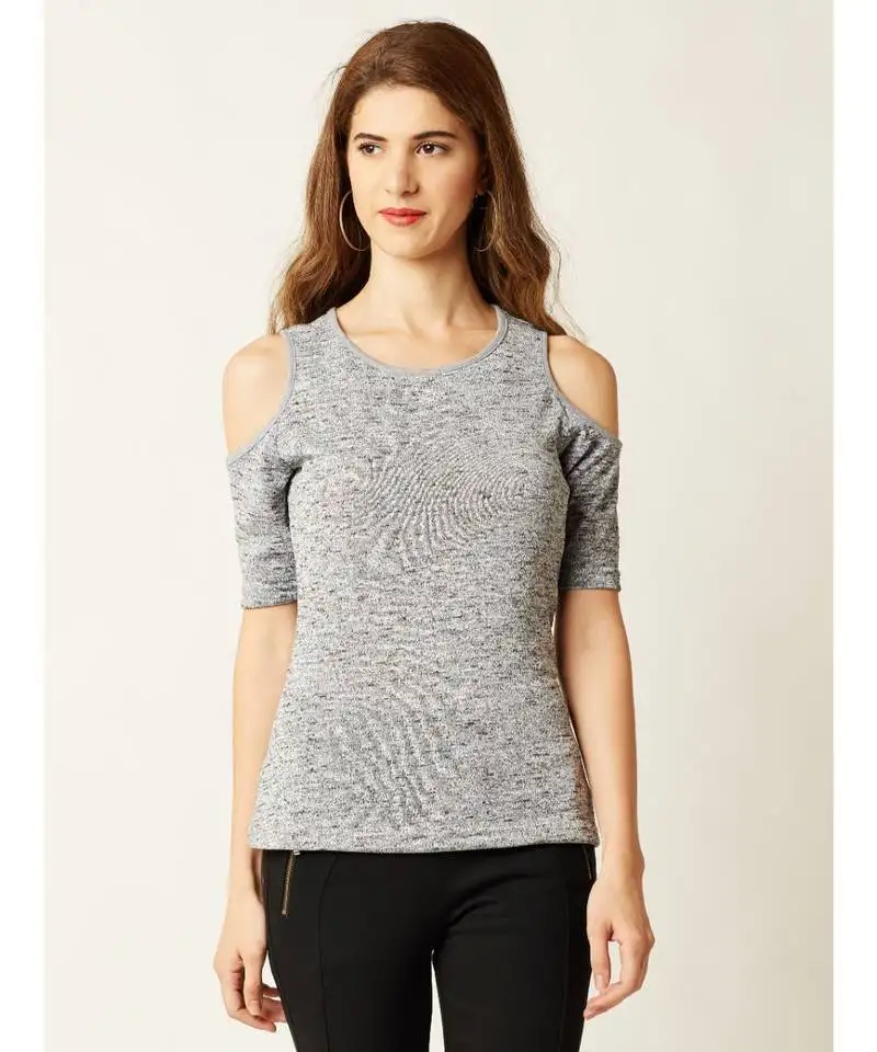 Women's grey round neck halfSleeve solid ribbed cold shoulder top