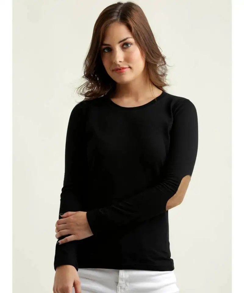 Women's black solid round neck fullSleeves elbow patch top
