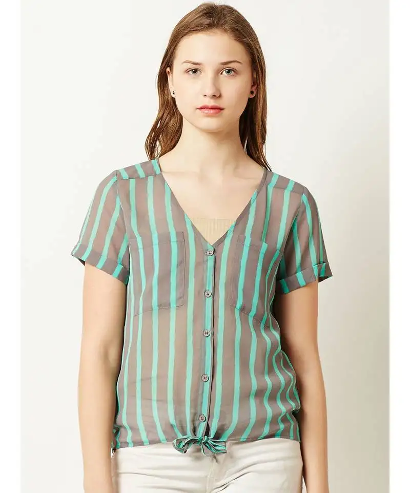 Women's mint and grey v neck shortSleeve buttoned striped tie-up top