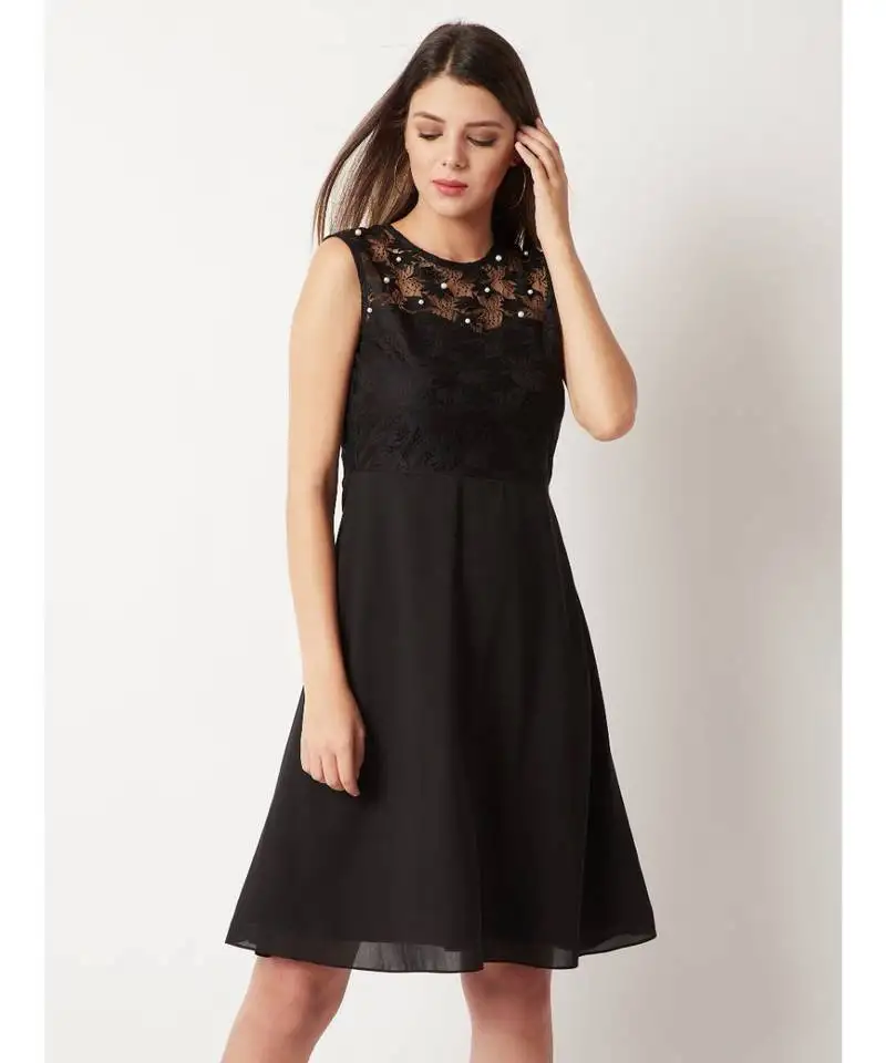 Women's black round neck sleeveless solid paneled lace and pearl detailing knee length skater dress