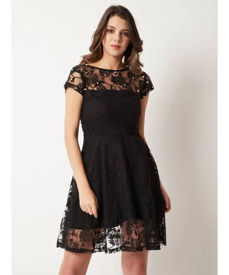 Women's black round neck cap sleeve lace solid embellished mini skater dress