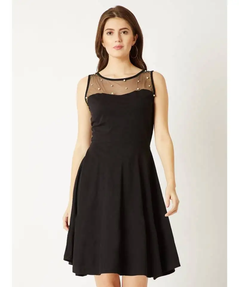 Women's black round neck sleeveless cotton solid sheer and pearl detailing mini skater dress
