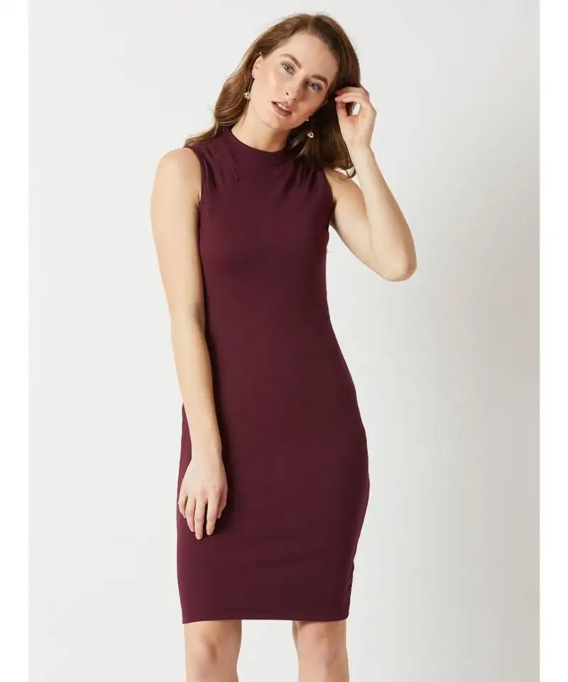 Women's wine red high round neck sleeveless solid semi sheer detailing paneled bodycon knee-long dress