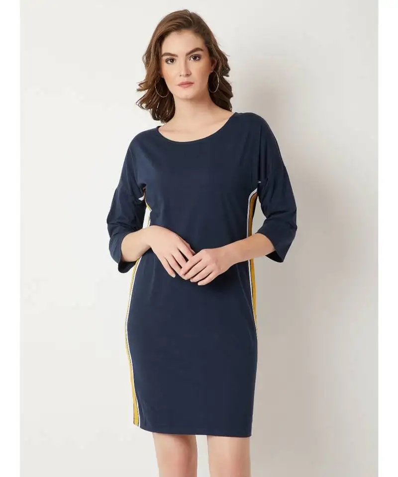 Women's navy blue round neck fullSleeve cotton solid twill tape detailing mini shift dress