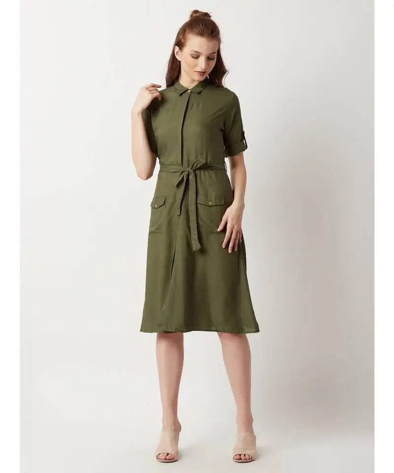Women's olive green round neck rolled up half sleeve solid buttoned paneled midi shirt dress