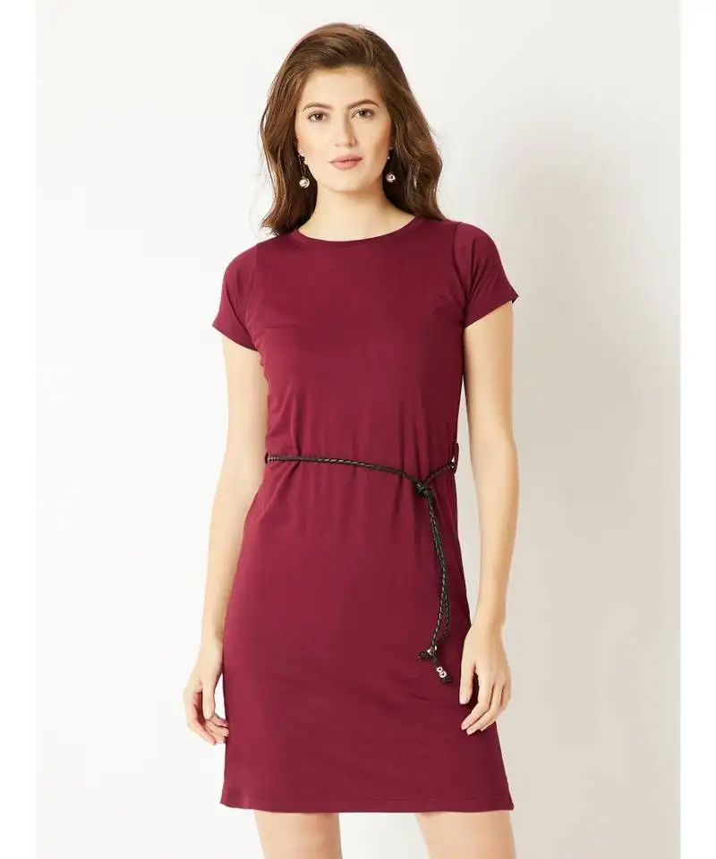 Women's maroon round neck short sleeve cotton solid mini belted shift t-shirt dress