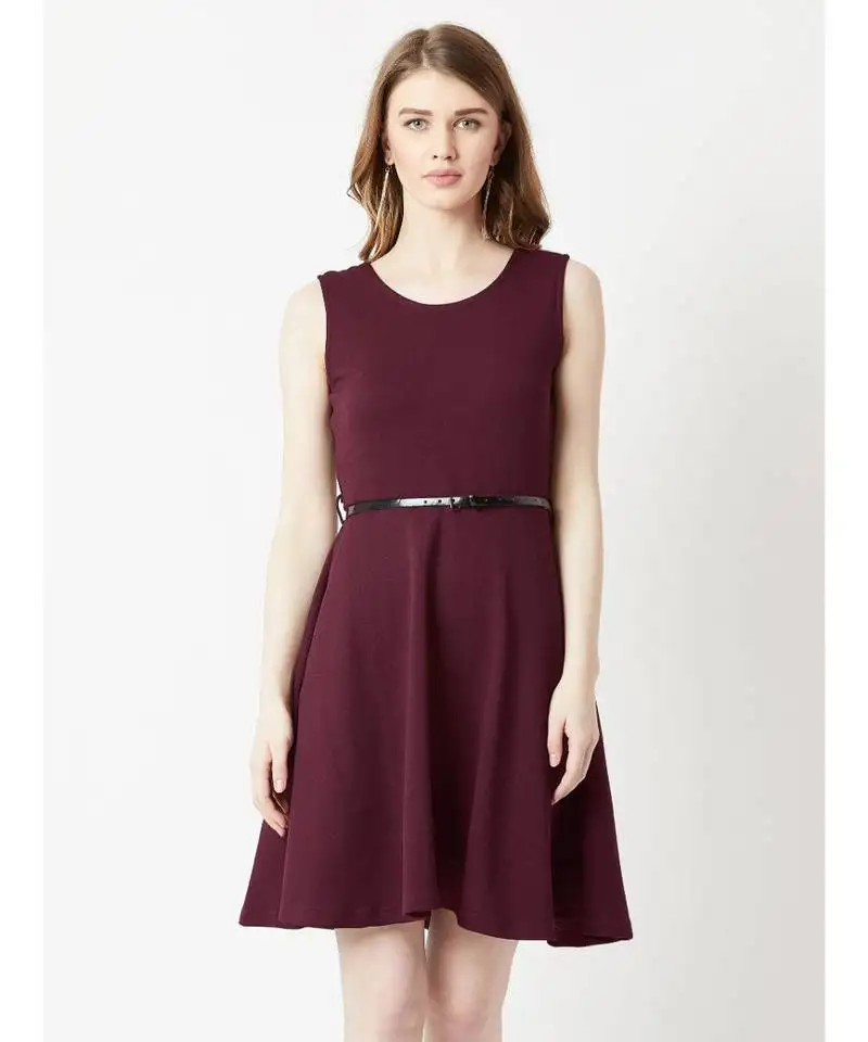 Women's wine red round neck sleeveless solid knitted belted knee-long skater dress