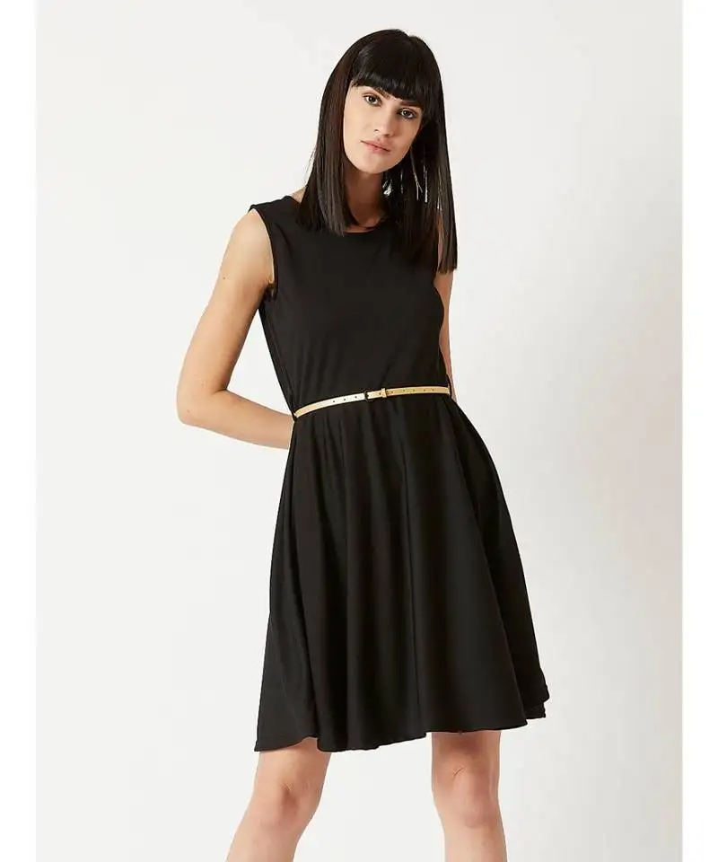 Women's black round neck sleeveless solid knitted belted knee-long skater dress