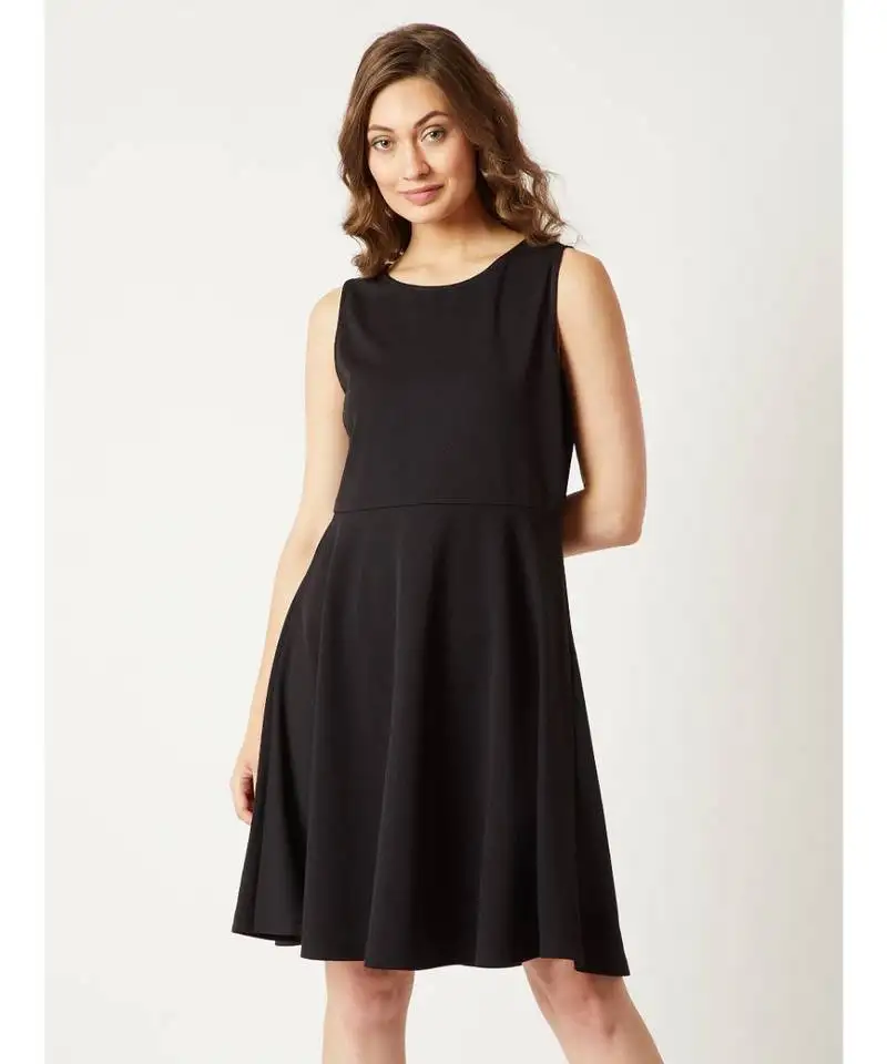 Women's black round neck sleeveless solid back cut-out knitted knee-long skater dress
