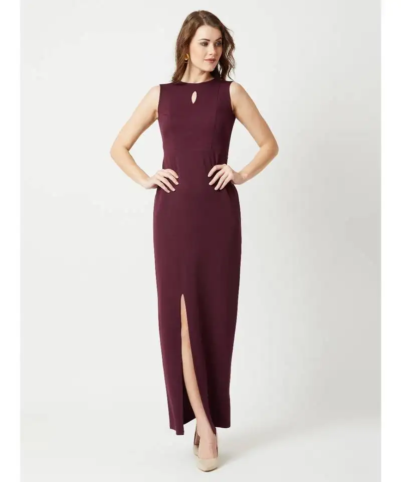 Women's wine red round neck sleeveless solid bodycon slit detailing maxi dress