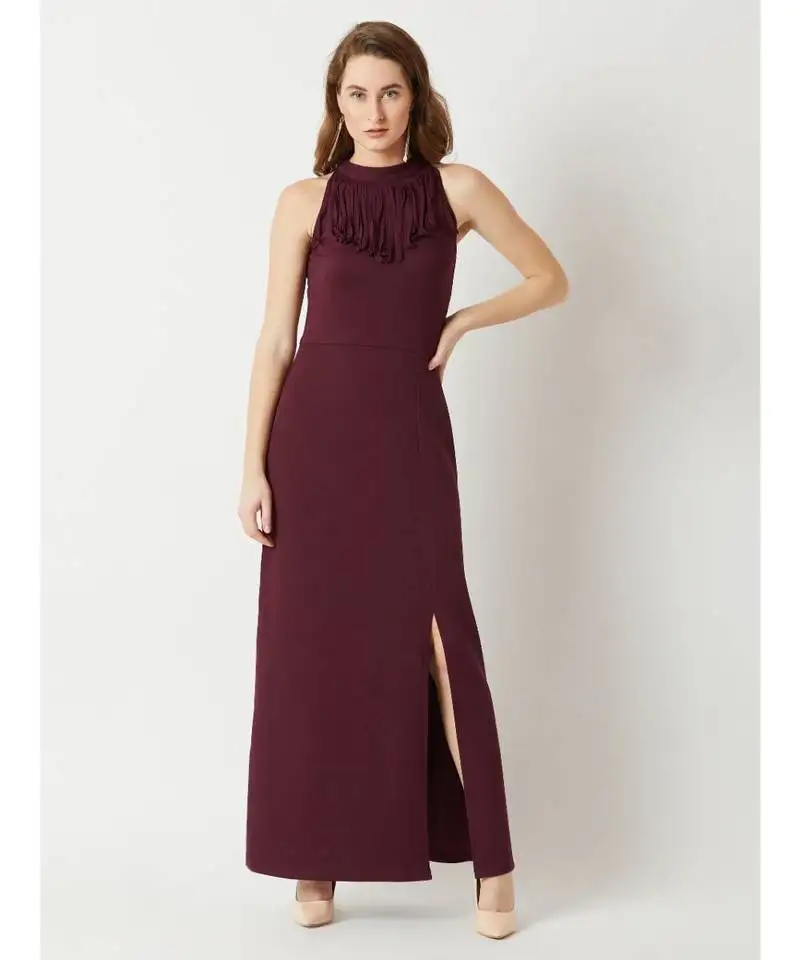Women's wine red fringed halter neck sleeveless solid maxi front slit dress