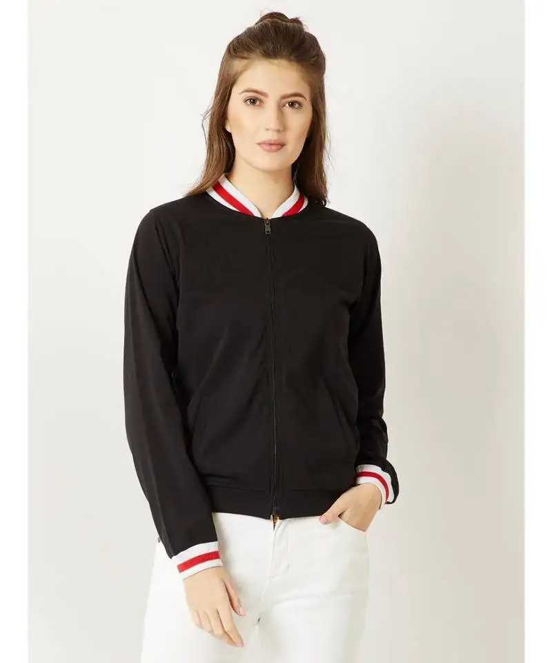 Women's black round neck fullSleeve cotton solid zippered multicolored rib detailing bomber jacket