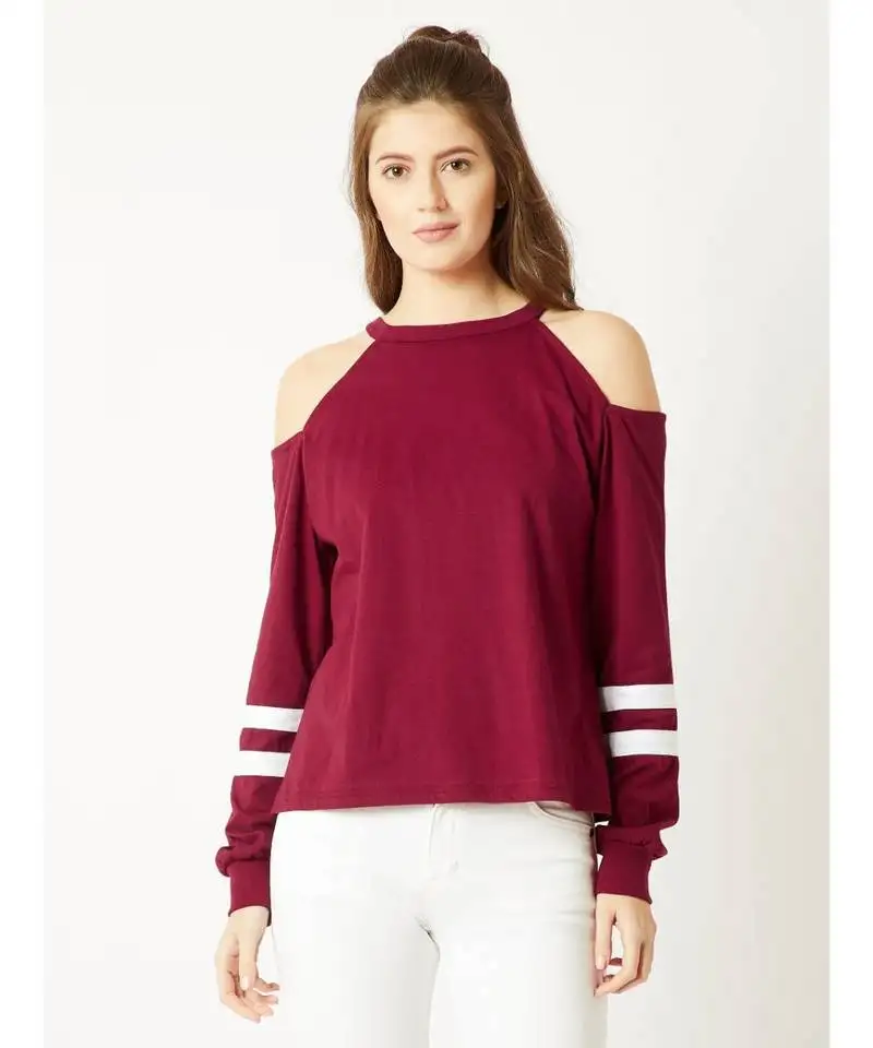 Women's maroon round neck fullSleeves cold shoulder sweatshirt