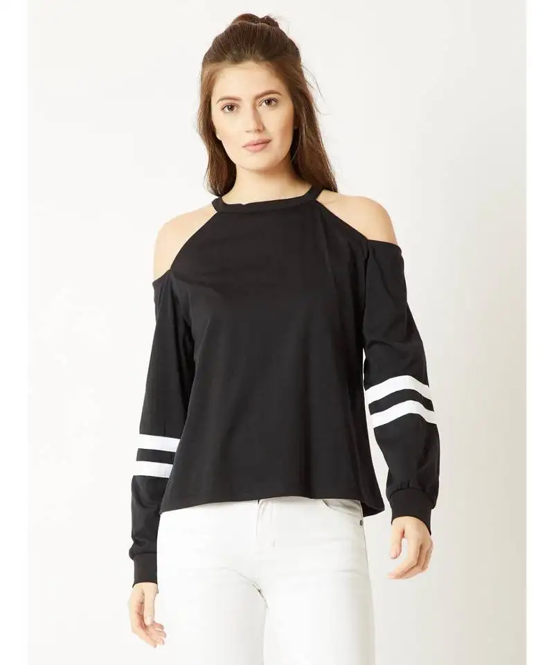 Women's black round neck fullSleeves cold shoulder sweatshirt