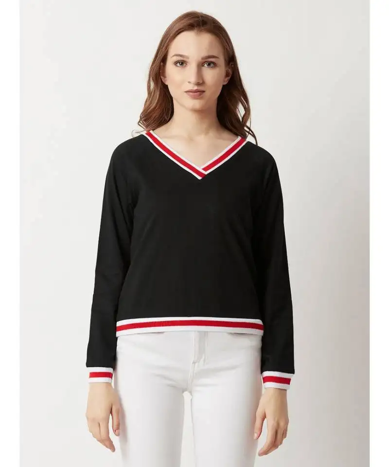 Women's black v-neck fullSleeve cotton solid ribbed boxy sweatshirt