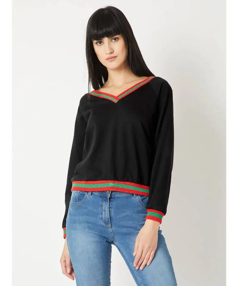 Women's black v-neck fullSleeve cotton solid boxy ribbed sweatshirt