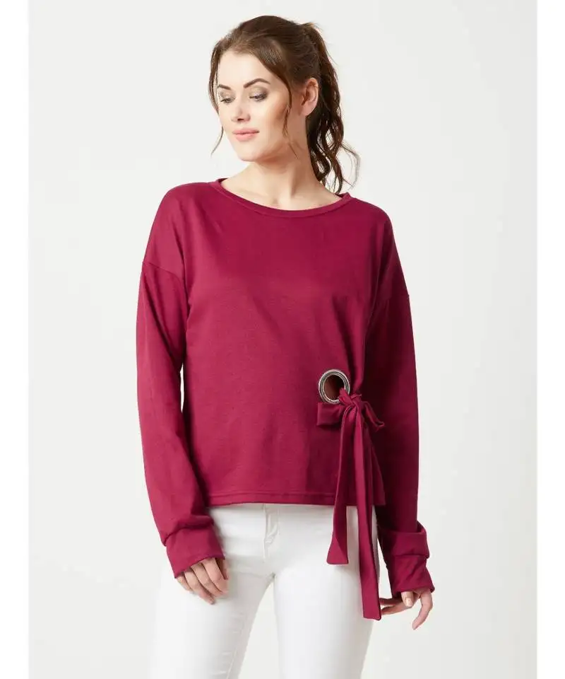 Women's maroon round neck fullSleeve cotton solid eyelet and tie-up detailing sweatshirt