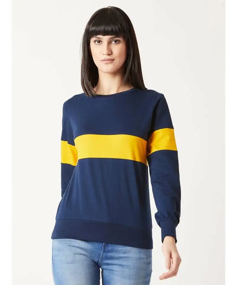Women's blue round neck fullSleeves cotton solid boxy color block sweatshirt