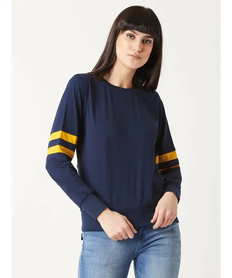 Women's blue round neck fullSleeves cotton solid boxy color block paneled sweatshirt