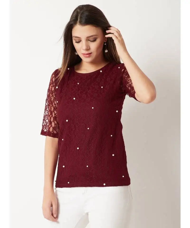 Women's maroon round neck halfSleeves cotton solid lace and pearl detailing top