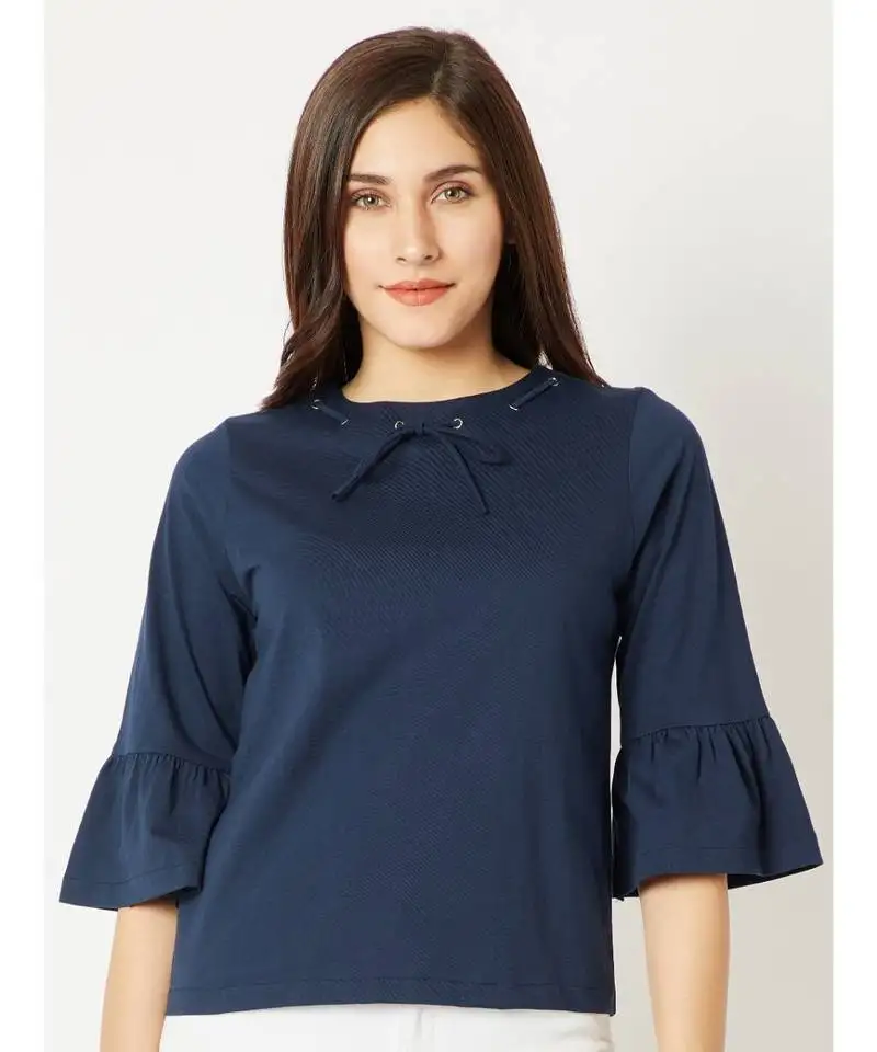 Women's blue round neck 3::4 bell sleeves cotton solid gathered tie-up eyelet detailing top