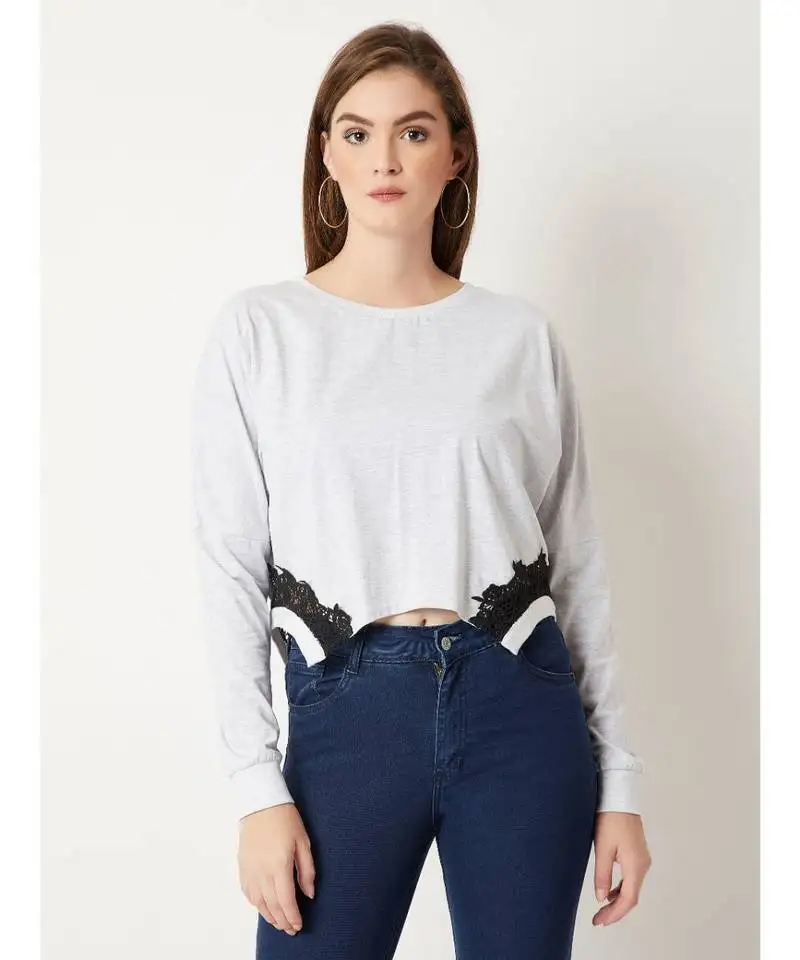 Women's grey round neck fullSleeve cotton solid lace embroidered top