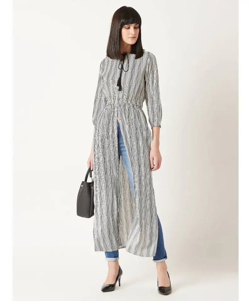 Women's black & white round neck quarterSleeve striped tassel tie-up detailing maxi top