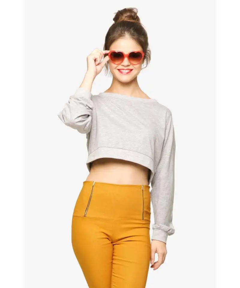 Women's grey round neck fullSleeves solid crop top