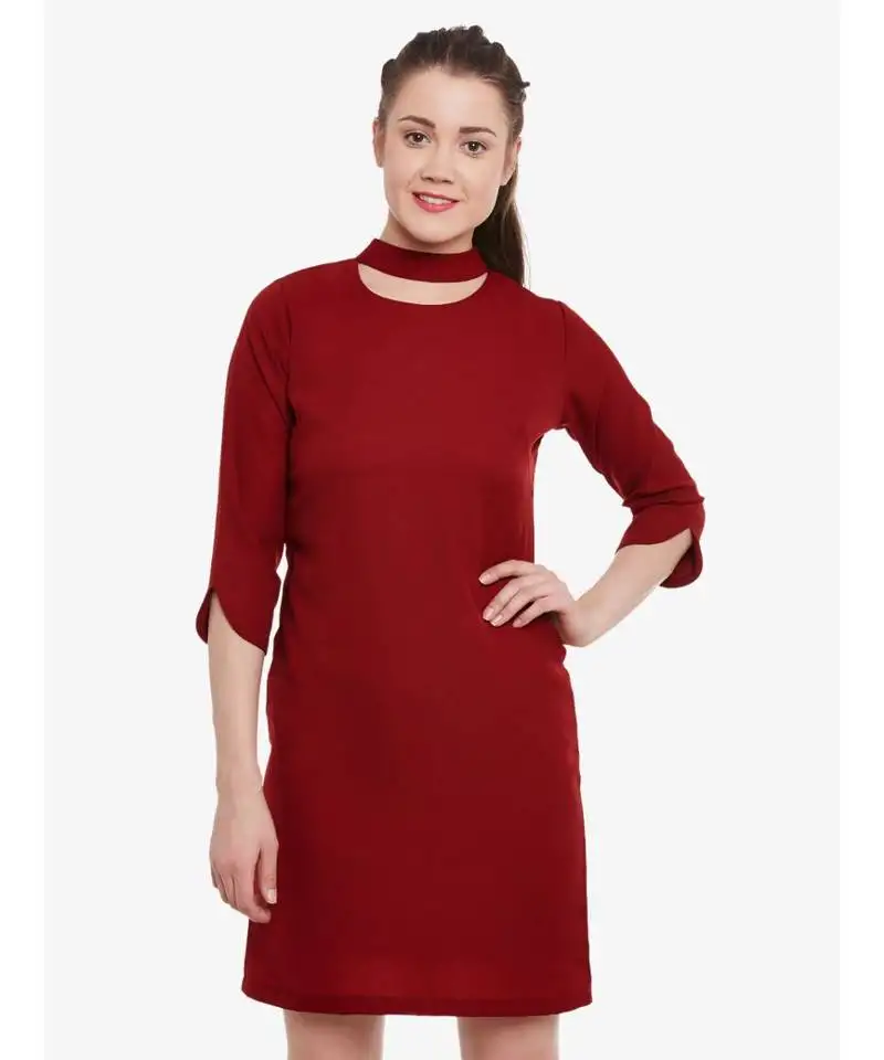 Women's maroon round neck 3::4 sleeve solid mini choker dress