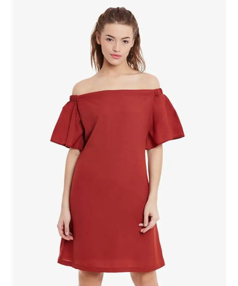 Women's brick red mini bardot solid dress