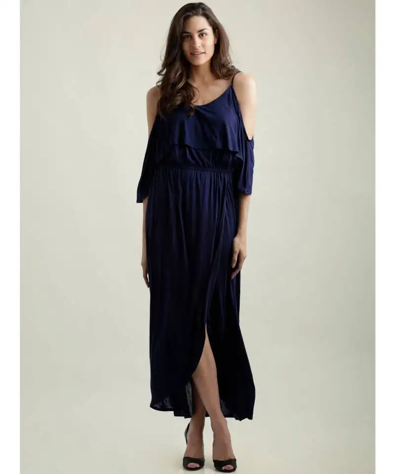 Women's navy blue round neck half sleeve solid gathered layered cold shoulder wrap maxi dress