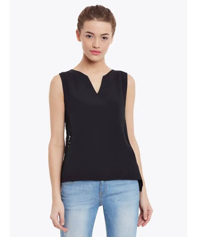 Women's black round neck sleeveless embroidered paneled top