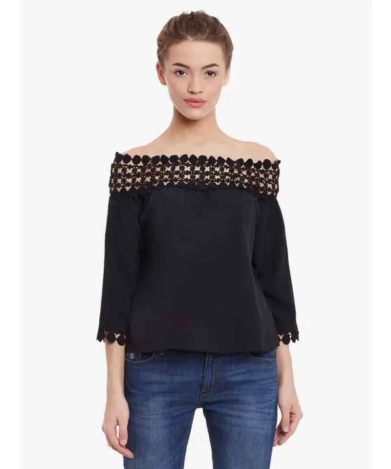 Women's black quarterSleeve solid bardot top