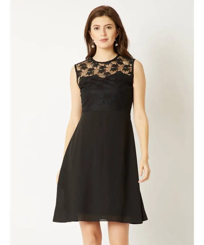 Women's black round neck sleeveless solid mini lace skater dress