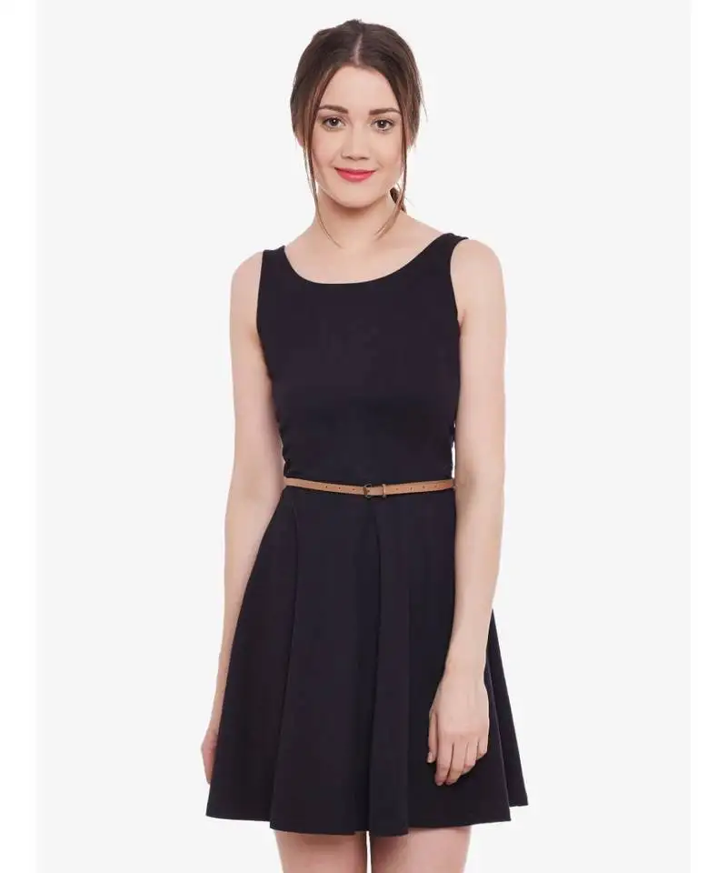 Women's black sleeveless round neck mini skater dress